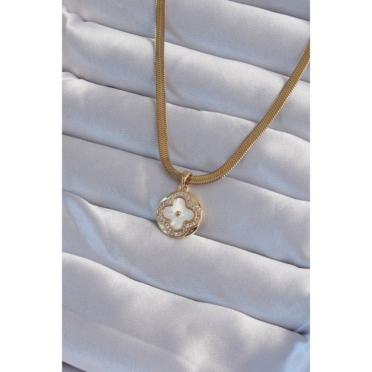 316L Steel Italian Chain Gold Color Zircon Stone Pearl Clover Model Necklace - TJ-BKO8987 316L Steel Italian Chain Gold Color Zircon Stone Pearl Clover Model Necklace - TJ-BKO8987