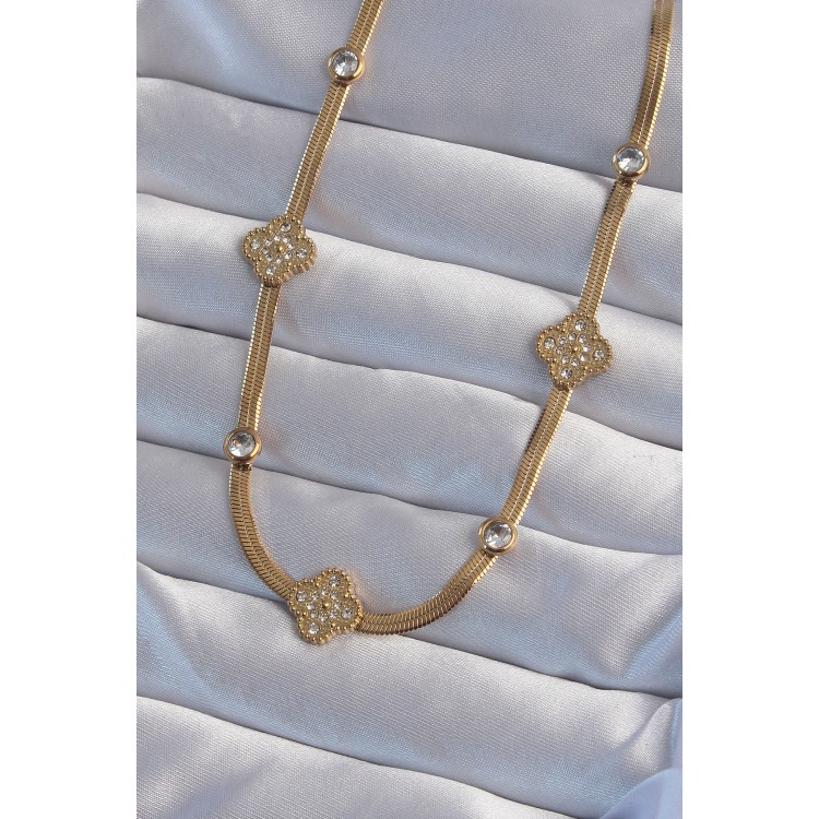 316L Steel Italian Chain Gold Color Zircon Stone Clover Model Necklace - TJ-BKO8989 316L Steel Italian Chain Gold Color Zircon Stone Clover Model Necklace - TJ-BKO8989