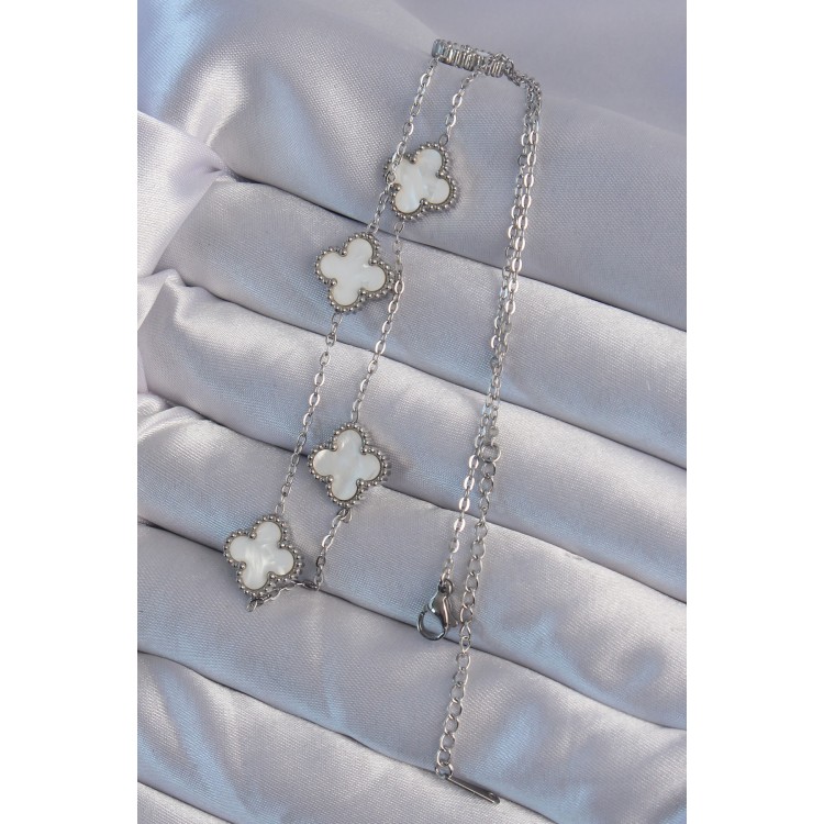 316L Çelik Gümüş Renk Beyaz Sedefli Yonca Kolye - TJ-BKO8995