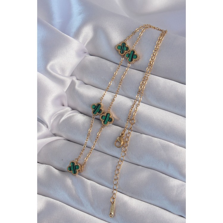 316L Çelik Gold Renk Minimal Yeşil Mineli Yonca Kolye - TJ-BKO9000