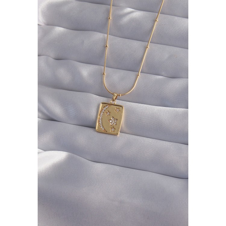 316L Steel Chain Gold Color Zircon Stone Crescent Star Figured Tarot Necklace - TJ-BKO9021