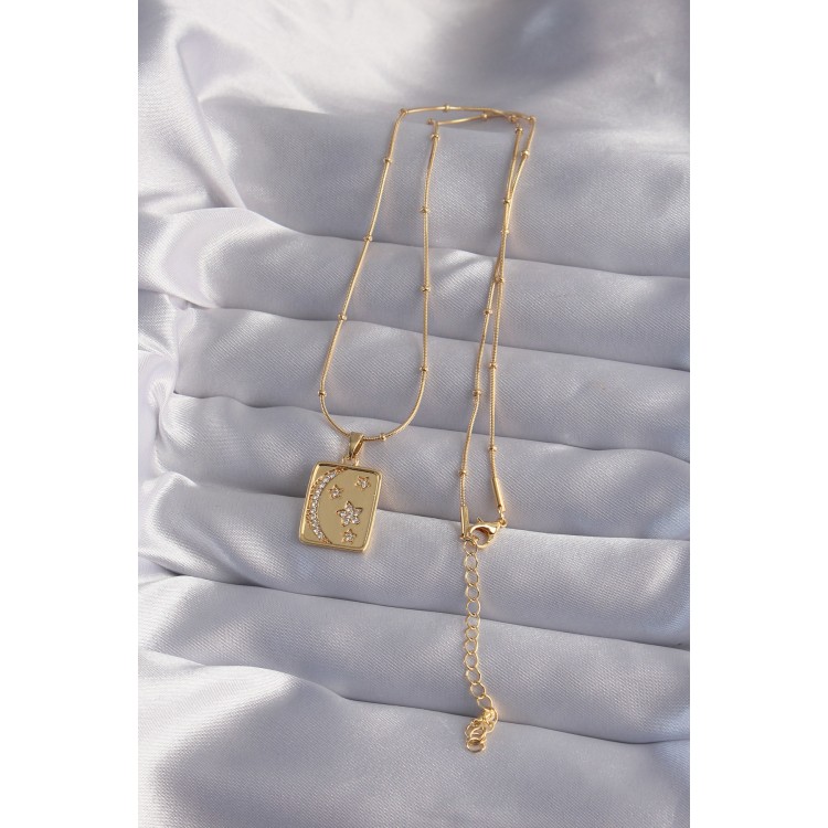 316L Steel Chain Gold Color Zircon Stone Crescent Star Figured Tarot Necklace - TJ-BKO9021