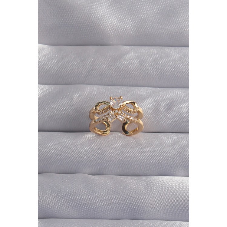 Pirinç Ayarlamalı Gold Renk Zirkon Taşlı 2li Görünüm Fiyonk Yüzük - TJ-BYK3287 Pirinç Ayarlamalı Gold Renk Zirkon Taşlı 2li Görünüm Fiyonk Yüzük - TJ-BYK3287