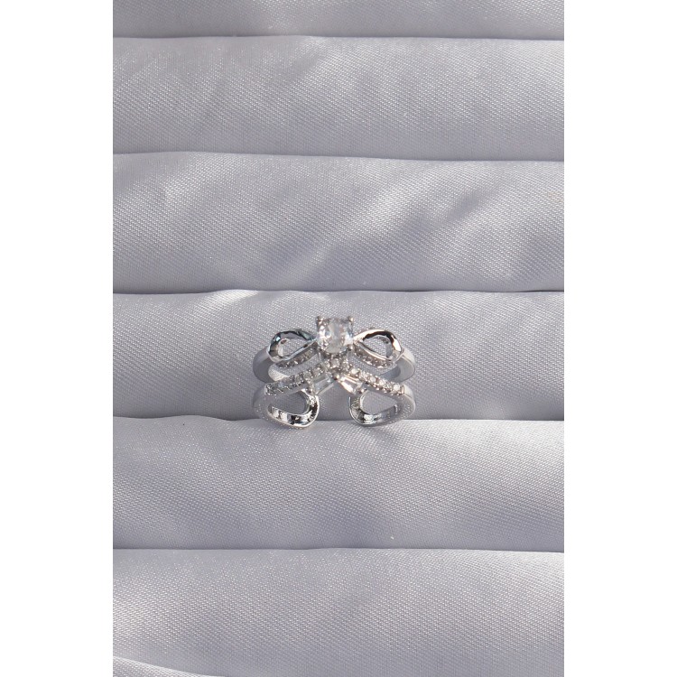 Pirinç Ayarlamalı Gümüş Renk Zirkon Taşlı 2li Görünüm Fiyonk Yüzük - TJ-BYK3288 Pirinç Ayarlamalı Gümüş Renk Zirkon Taşlı 2li Görünüm Fiyonk Yüzük - TJ-BYK3288