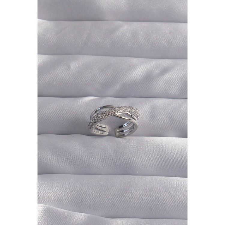 Brass Adjusted Silver Color Zircon Stone Cross View Ring - TJ-BYK3290