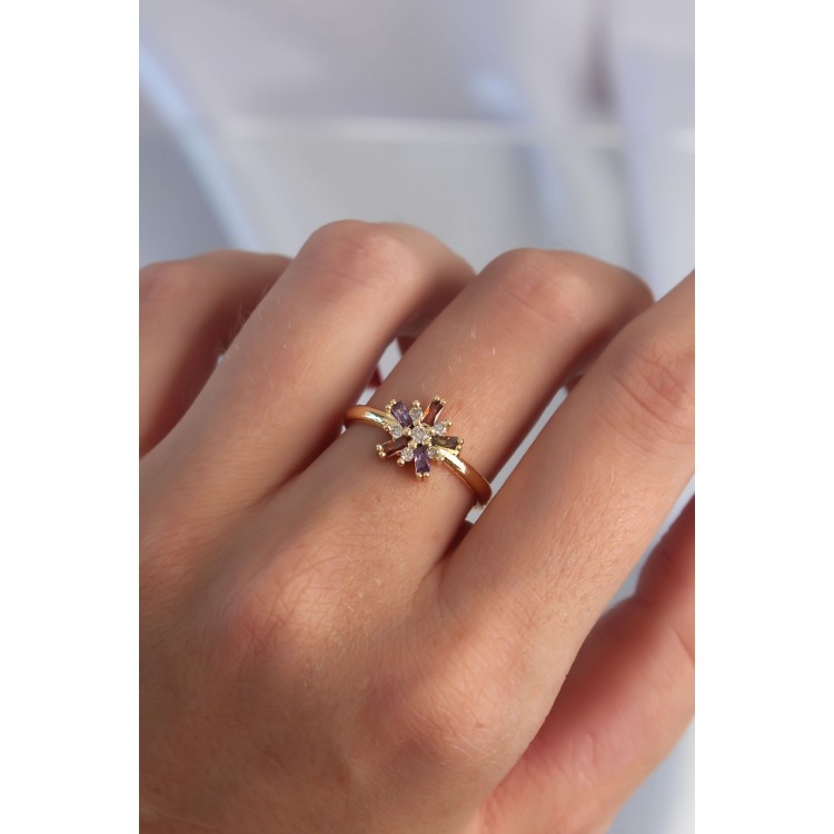 Brass Gold Color Colorful Zircon Stone Adjustable Ring - TJ-BYK3255