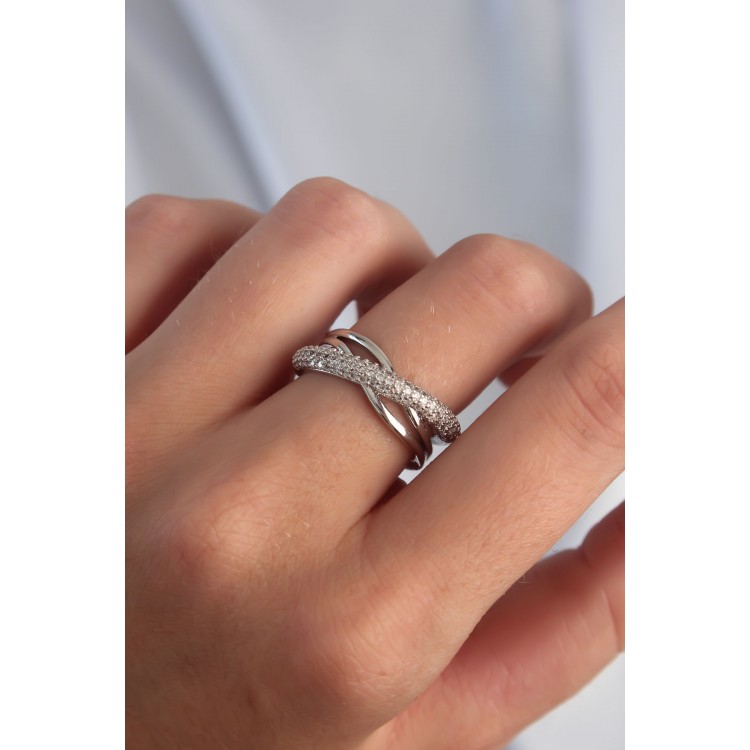Brass Adjusted Silver Color Zircon Stone Cross View Ring - TJ-BYK3290