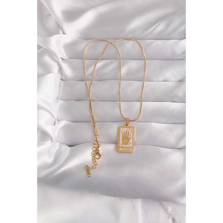 316L Çelik Gold Renk Pembe Mineli El Figür Tarot Kolye - TJ-BKO9031