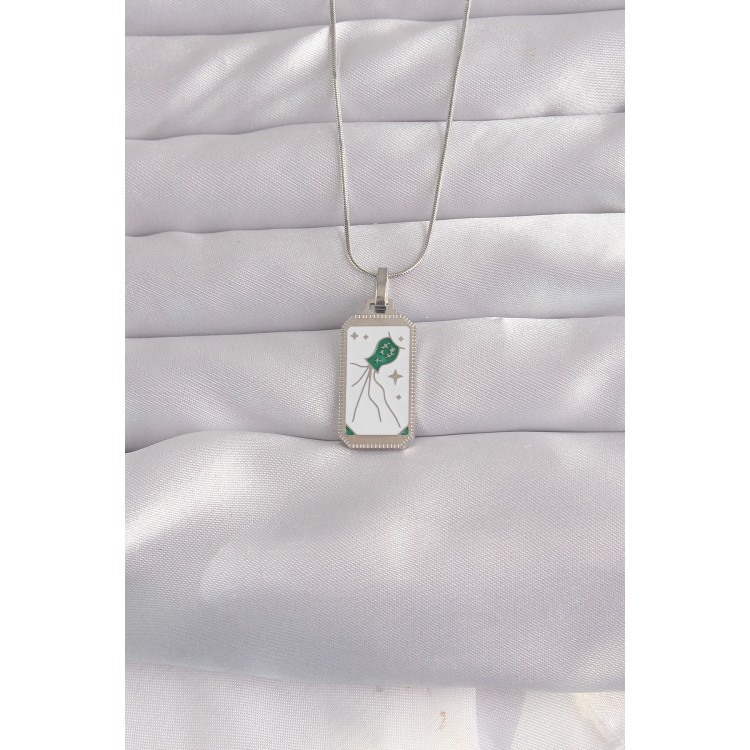 316L Çelik Gümüş Renk Beyaz Mineli Tarot Kolye - TJ-BKO9048