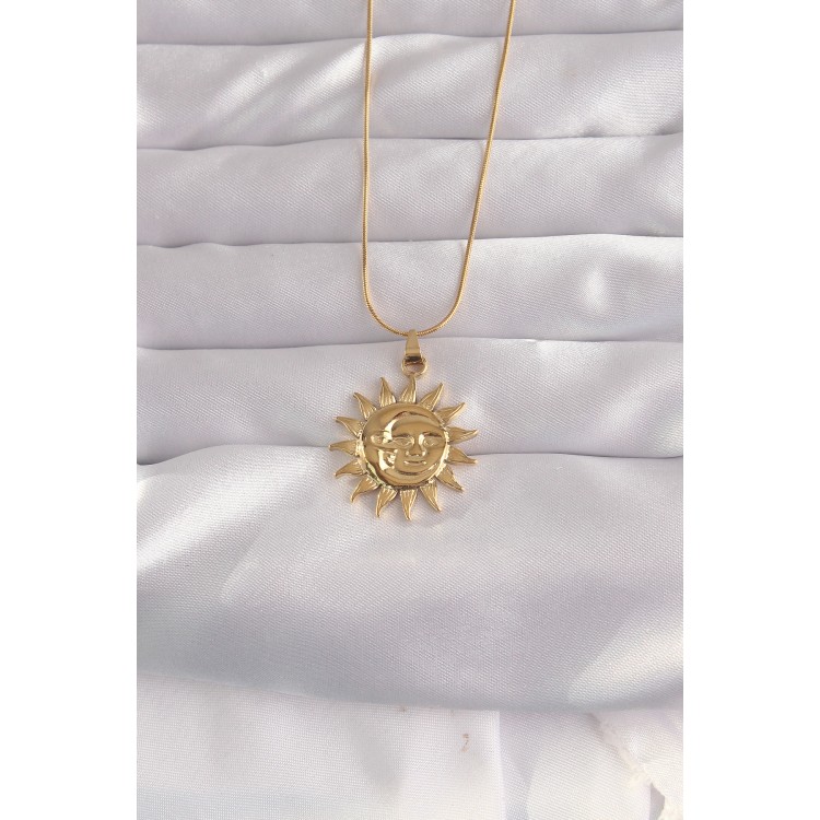 316L Çelik Gold Renk Güneş Figür Vintage Kolye - TJ-BKO9060