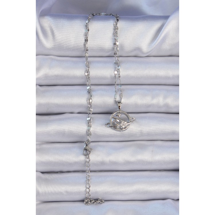 316L Steel Chain Silver Color Zircon Stone Star Saturn Necklace - TJ-BKO9072