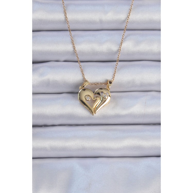 316L Çelik Zincir Altın Renk Zirkon Taşlı Mıknatıslı Kalp Kolye - TJ-BKO9081