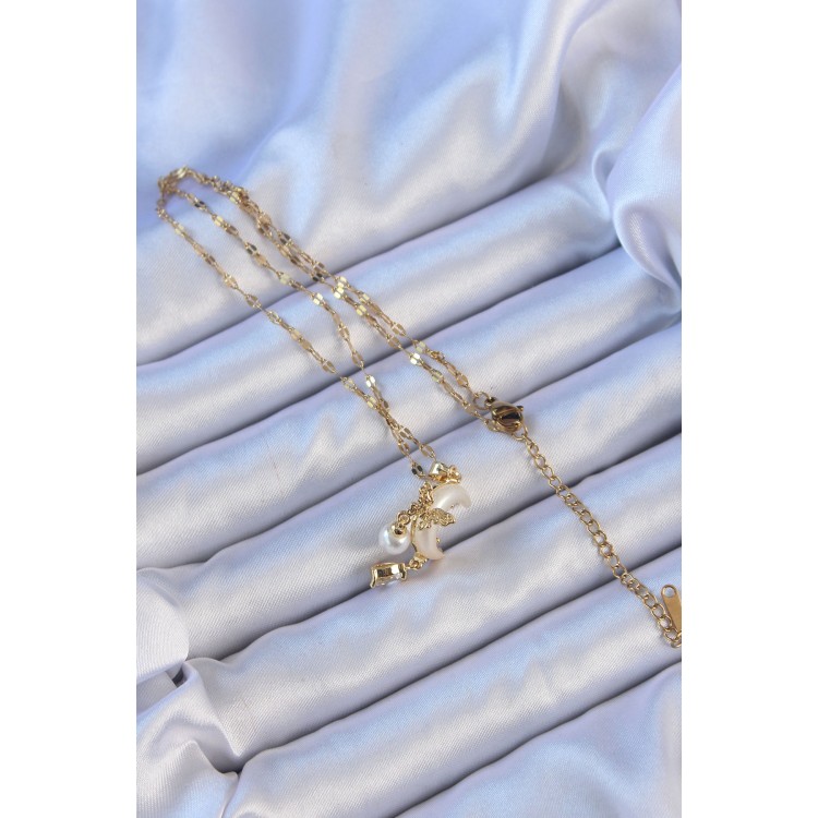 316L Steel Chain Gold Color Zircon Stone Butterfly Enamel Moon Necklace - TJ-BKO9093