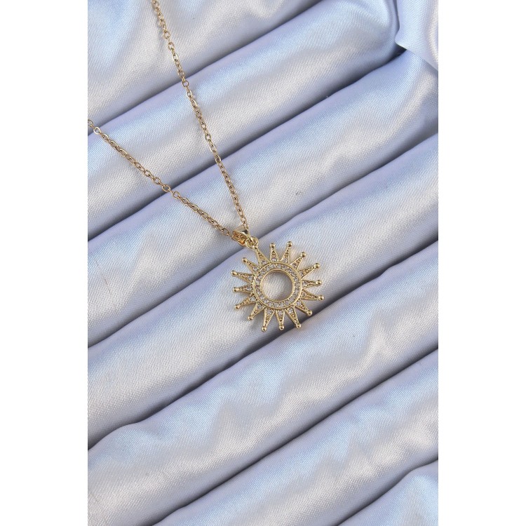 316L Çelik Zincir Altın Renk Zirkon Taşlı Parlayan Güneş Kolye - TJ-BKO9105