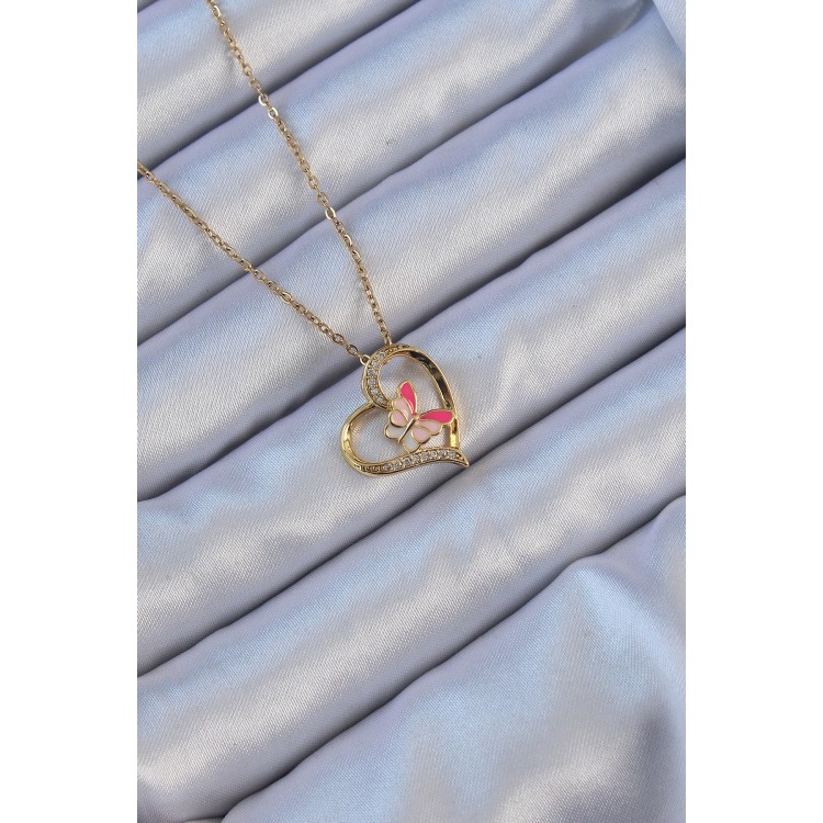316L Çelik Zincir Altın Renk Mineli Kelebek Figür Zirkon Taşlı Kalp Kolye - TJ-BKO9107 316L Çelik Zincir Altın Renk Mineli Kelebek Figür Zirkon Taşlı Kalp Kolye - TJ-BKO9107