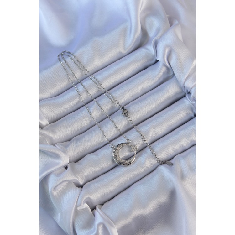 316L Çelik Zincir Gümüş Renk Zirkon Taşlı Motifli Ay Yıldız Kolye - TJ-BKO9116