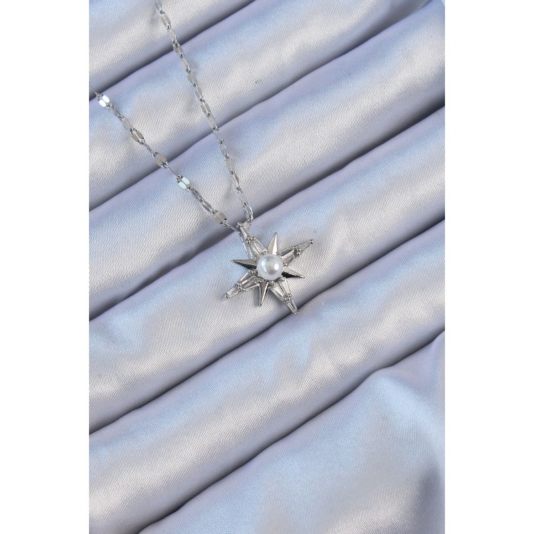 316L Çelik Zincir Gümüş Renk Baget Taşlı İnci Detay Kutup Yıldızı Kolye - TJ-BKO9120