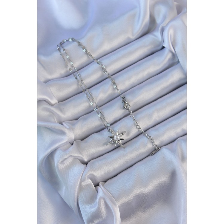 316L Çelik Zincir Gümüş Renk Baget Taşlı İnci Detay Kutup Yıldızı Kolye - TJ-BKO9120