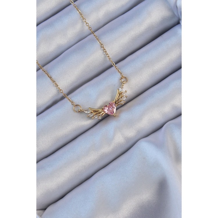 316L Steel Chain Gold Color Winged Pink Zircon Stone Heart Necklace - TJ-BKO9121