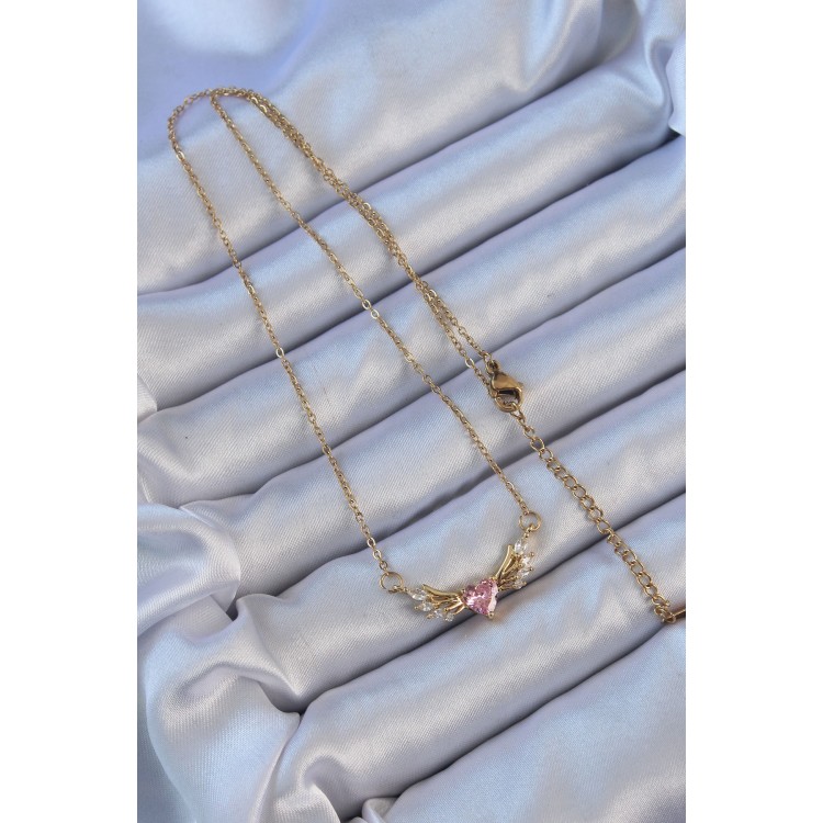 316L Steel Chain Gold Color Winged Pink Zircon Stone Heart Necklace - TJ-BKO9121
