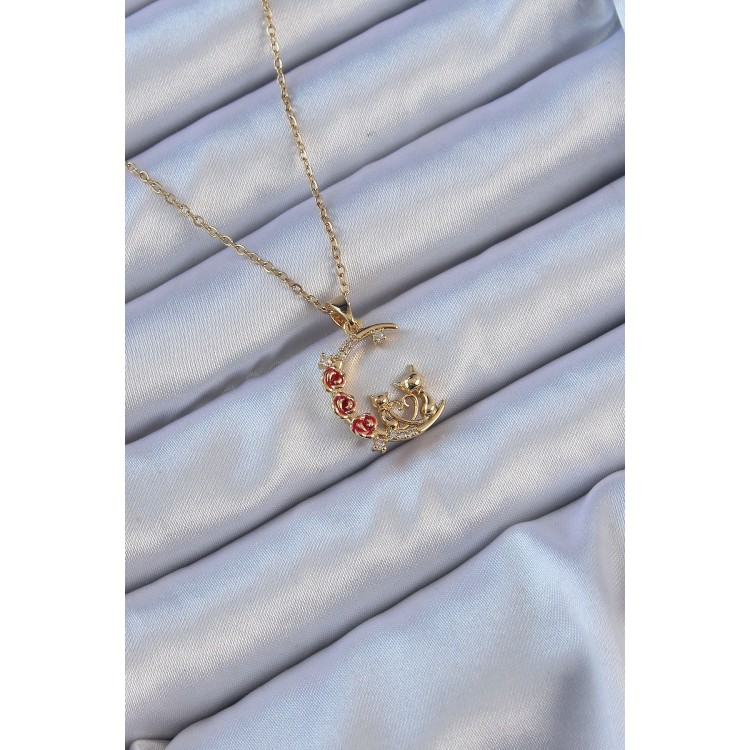 316L Çelik Zincir Altın Renk Kırmızı Gül Detay Kedi Figür Zirkon Taşlı Ay Kolye - TJ-BKO9129 316L Çelik Zincir Altın Renk Kırmızı Gül Detay Kedi Figür Zirkon Taşlı Ay Kolye - TJ-BKO9129