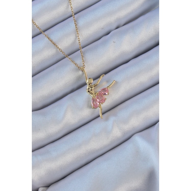 316L Steel Chain Gold Color Pink Zircon Stone Ballerina Necklace - TJ-BKO9137