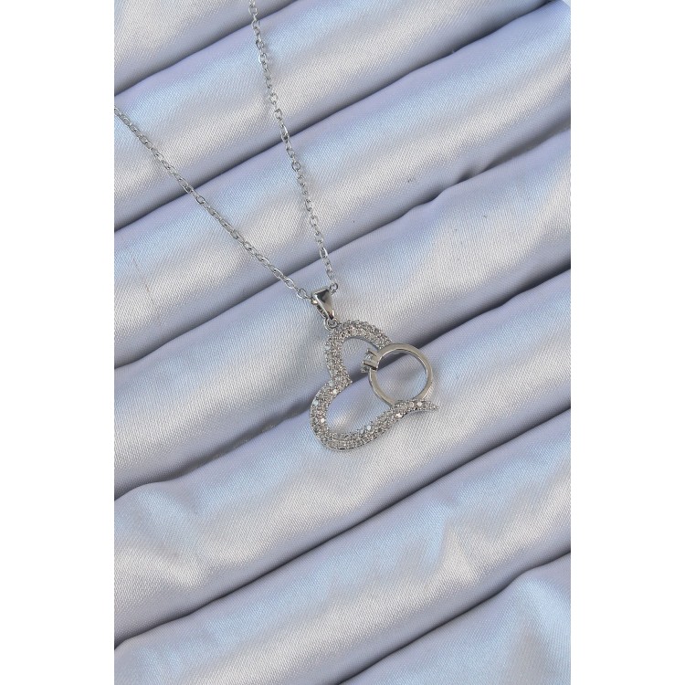 316L Çelik Zincir Gümüş Renk Zirkon Taşlı Yüzüklü Kalp Kolye - TJ-BKO9146