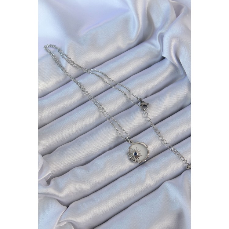 316L Çelik Gümüş Renk Zirkon Taşlı Mineli Kutup Yıldızı Kolye - TJ-BKO9148