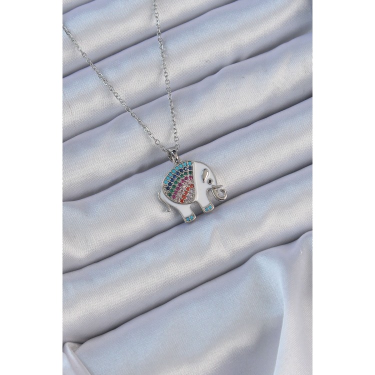 316L Steel Chain Silver Color Enameled Colorful Zircon Stone Elephant Necklace - TJ-BKO9152