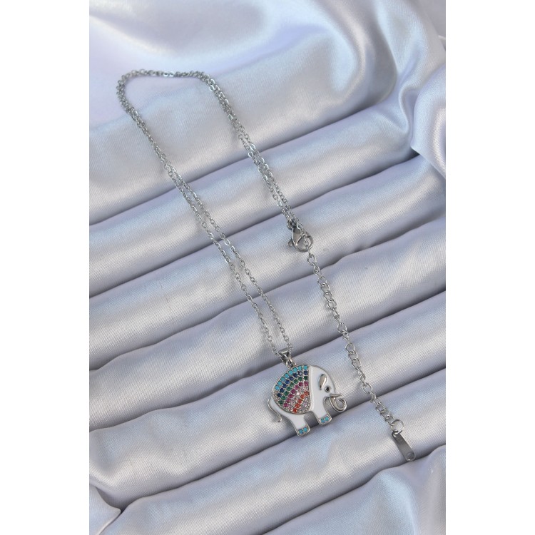 316L Steel Chain Silver Color Enameled Colorful Zircon Stone Elephant Necklace - TJ-BKO9152