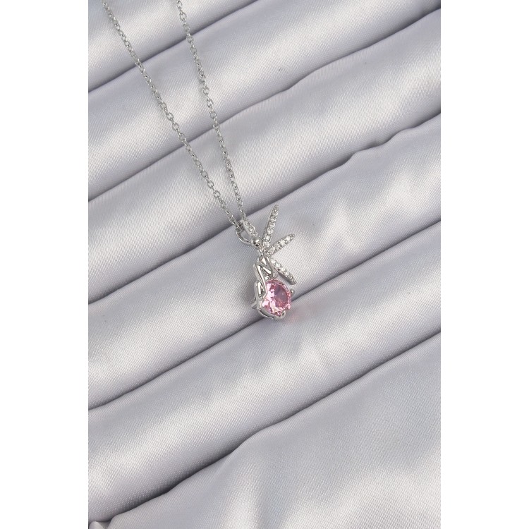 316L Steel Chain Silver Color Pink Zircon Stone Fairy Necklace - TJ-BKO9176
