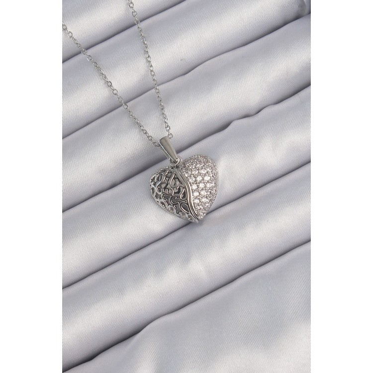 316L Steel Chain Silver Color Zircon Stone Motif Opening Heart Necklace - TJ-BKO9178