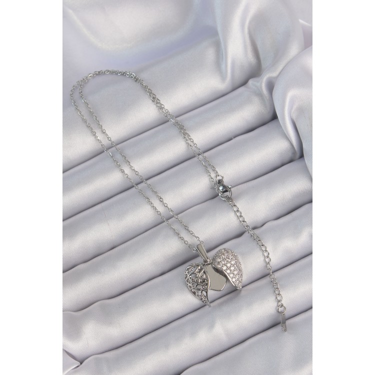 316L Steel Chain Silver Color Zircon Stone Motif Opening Heart Necklace - TJ-BKO9178