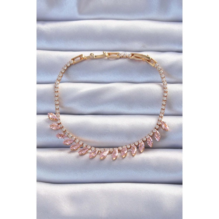 Pirinç Vip Seri Altın Renk Pembe Zirkon Taşlı Bileklik - TJ-BB6325 Pirinç Vip Seri Altın Renk Pembe Zirkon Taşlı Bileklik - TJ-BB6325