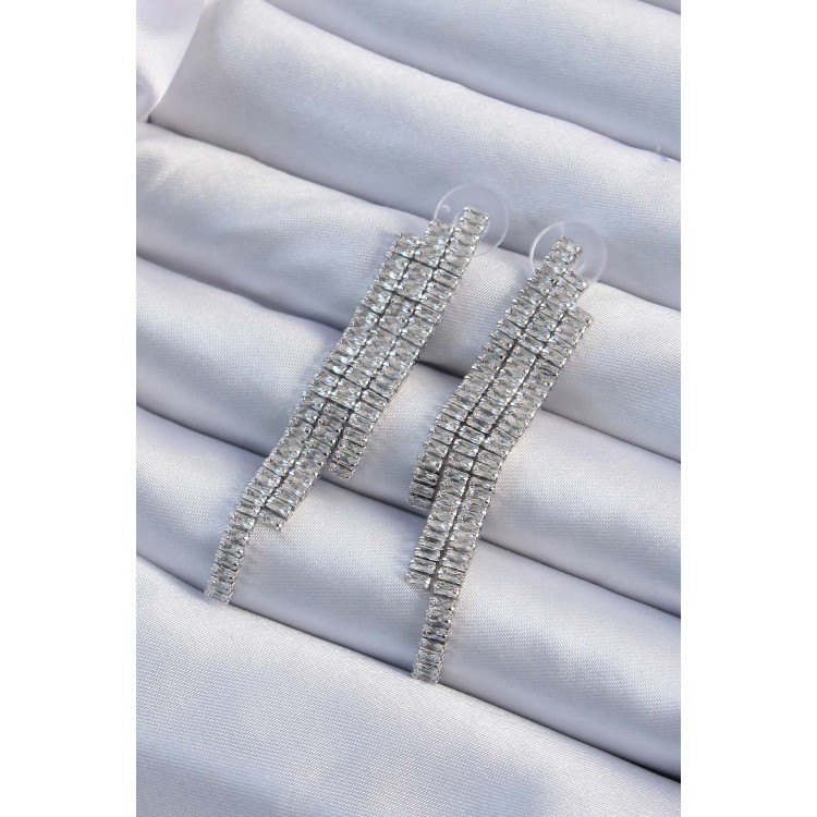 Brass Silver Color Baguette Stone Waterway Design Women's Earrings - TJ-BKP9479