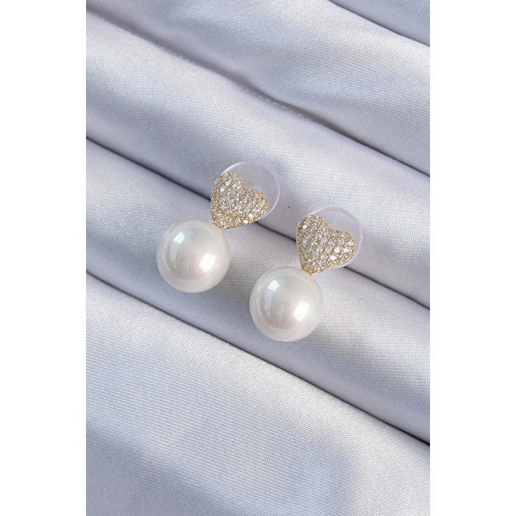 Brass Gold Color Zircon Stone Heart Model Pearl Design Women's Earrings - TJ-BKP9482 Brass Gold Color Zircon Stone Heart Model Pearl Design Women's Earrings - TJ-BKP9482
