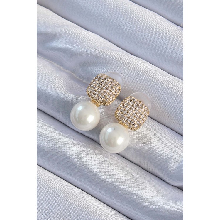 Brass Gold Color Zircon Stone Square Model Pearl Design Women's Earrings - TJ-BKP9484 Brass Gold Color Zircon Stone Square Model Pearl Design Women's Earrings - TJ-BKP9484
