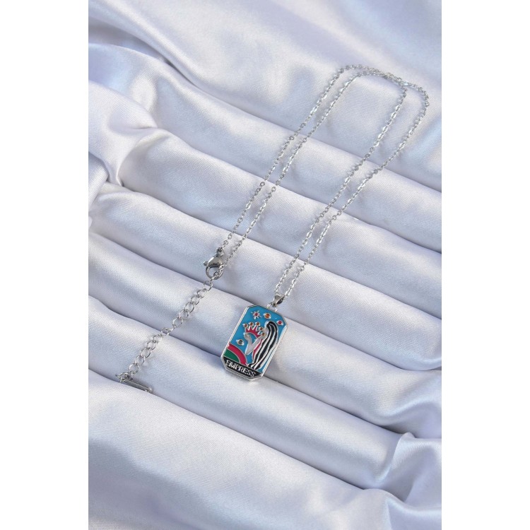 316L Çelik Zincir Gümüş Renk Taç ve Kız Figürlü Renkli Mineli Tarot Kolye - TJ-BKO9230