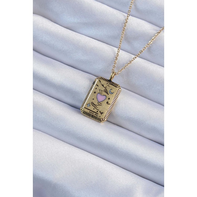 316L Çelik Zincir Eskitme Altın Renk Pembe Mineli Kalp Figürlü Tarot Kolye - TJ-BKO9231 316L Çelik Zincir Eskitme Altın Renk Pembe Mineli Kalp Figürlü Tarot Kolye - TJ-BKO9231