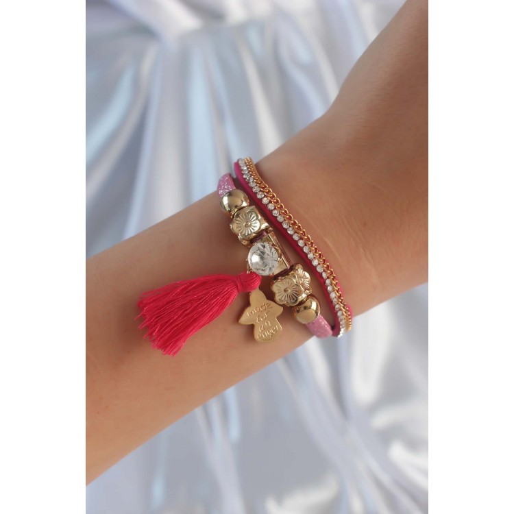 Pembe Renk Zirkon Taşlı Püskül Detay Deri Çoklu Bileklik - TJ-BB6343 Pembe Renk Zirkon Taşlı Püskül Detay Deri Çoklu Bileklik - TJ-BB6343