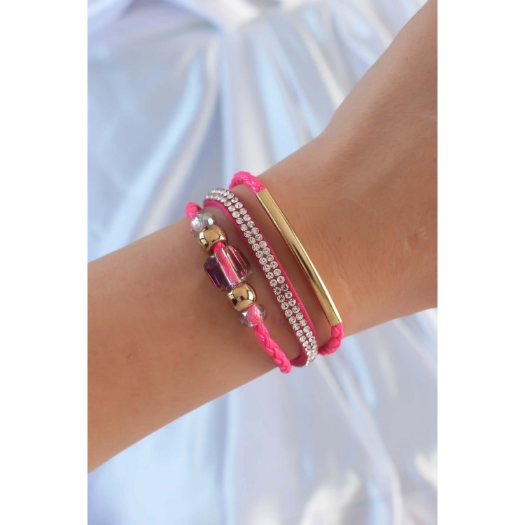 Pembe Renk Zirkon Taşlı Deri Çoklu Bileklik - TJ-BB6350 Pembe Renk Zirkon Taşlı Deri Çoklu Bileklik - TJ-BB6350
