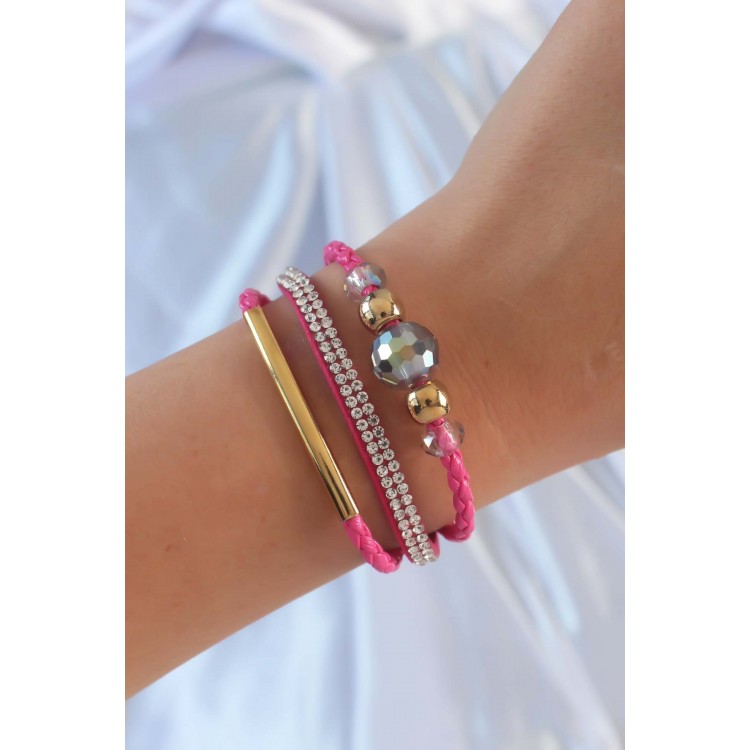 Pembe Renk Zirkon Taşlı Deri Çoklu Bileklik - TJ-BB6352 Pembe Renk Zirkon Taşlı Deri Çoklu Bileklik - TJ-BB6352