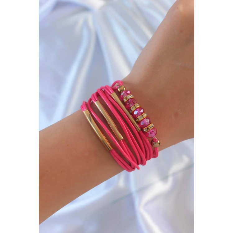 Pembe Renk Zirkon Taşlı Metal Aksesuarlı İpli Çoklu Bileklik - TJ-BB6357 Pembe Renk Zirkon Taşlı Metal Aksesuarlı İpli Çoklu Bileklik - TJ-BB6357
