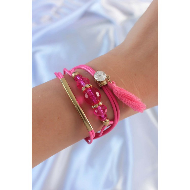 Pembe Zirkon Taşlı İpli Püskül Detay Çoklu Bileklik - TJ-BB6360 Pembe Zirkon Taşlı İpli Püskül Detay Çoklu Bileklik - TJ-BB6360