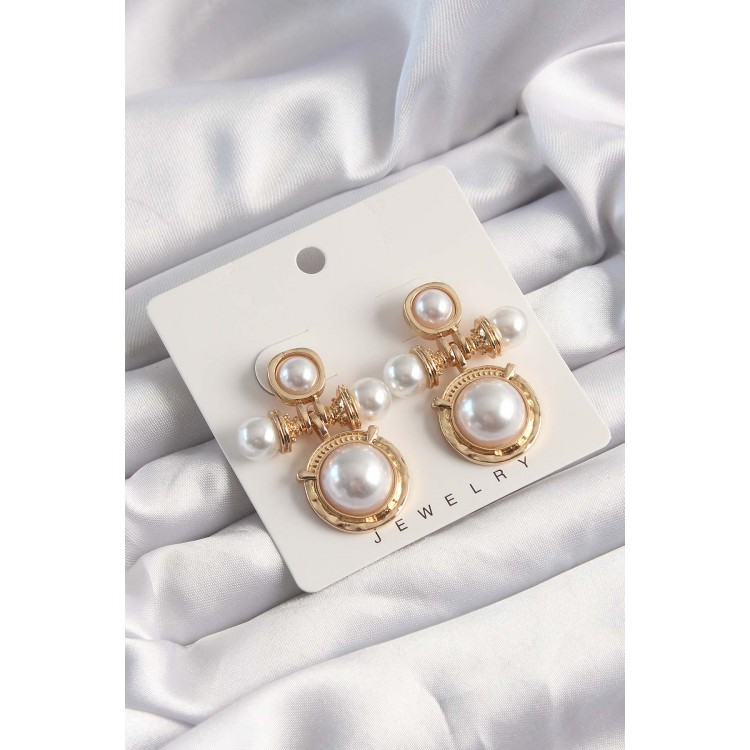 Brass Gold Color Pearl Stone Motif Earrings - TJ-BKP9502