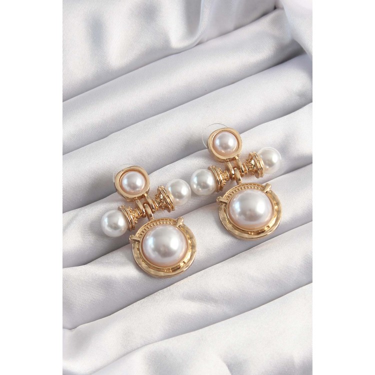 Brass Gold Color Pearl Stone Motif Earrings - TJ-BKP9502