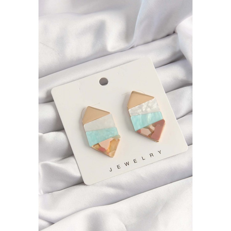 Brass Blue White Colored Patterned Geometric Earrings - TJ-BKP9522
