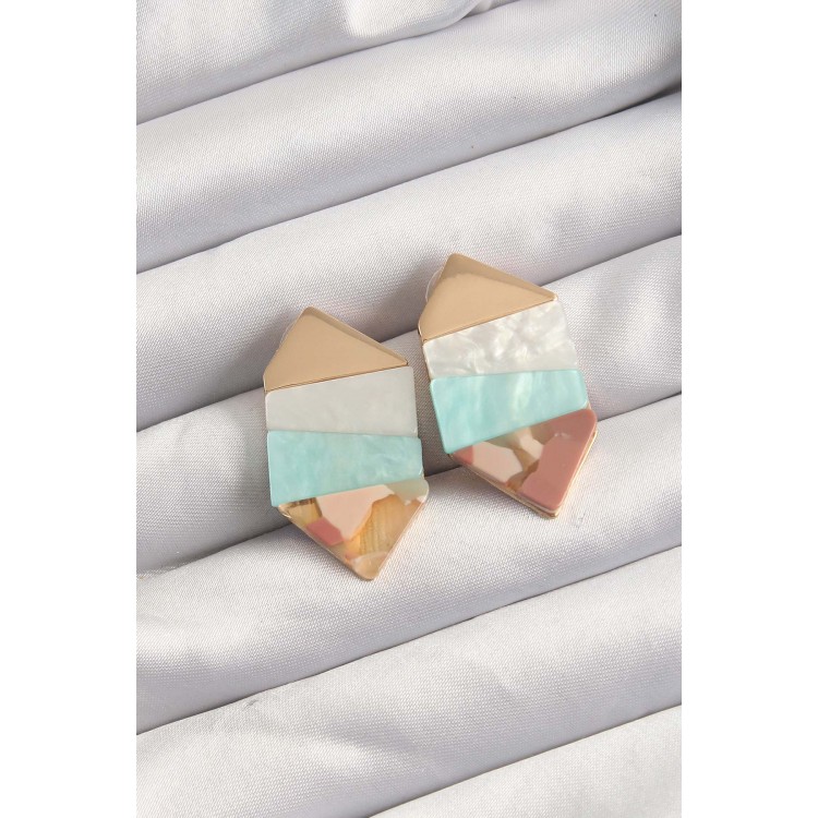 Brass Blue White Colored Patterned Geometric Earrings - TJ-BKP9522
