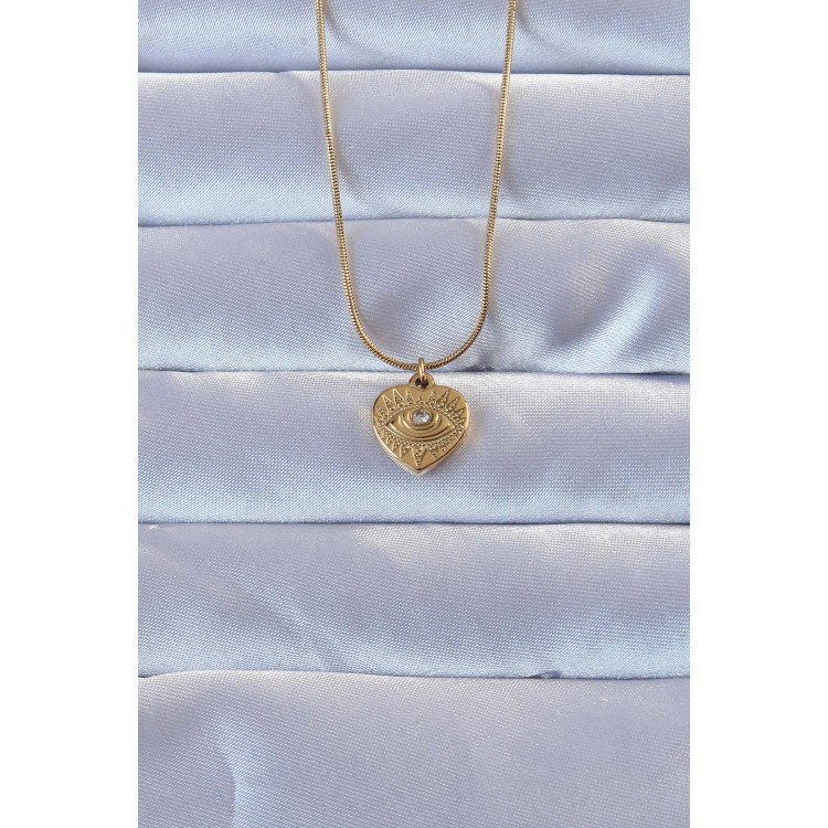 316L Altın Renk Zirkon Taşlı İşlemeli Göz Detay Kalp Kolye - TJ-BKO9286