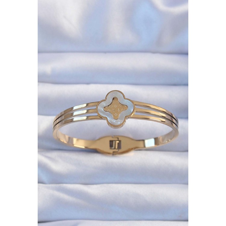 316L Steel Gold Color Embroidered Pearlescent Clover Bracelet - TJ-BB6379